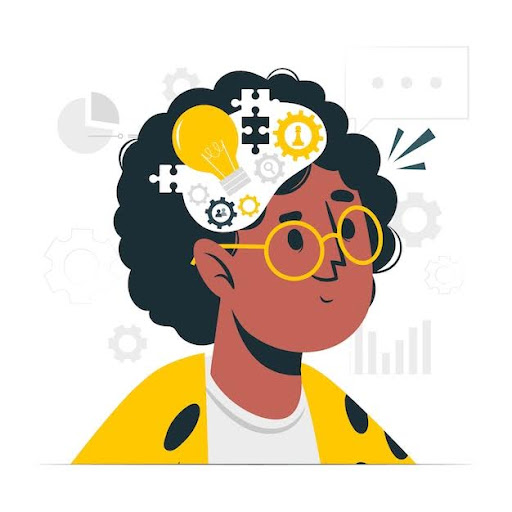 A girl with a glowing, sparkling bulb inside her head, symbolizing a bright idea or creative thinking.